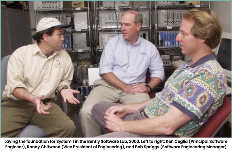在2000年贝利软件实验室中为系统1奠定基础。从左到右：肯·塞格利亚（主要软件工程师），兰迪·奇特伍德（工程副总裁）和鲍勃·斯普利格斯（Bob Spriggs）（软件工程经理）